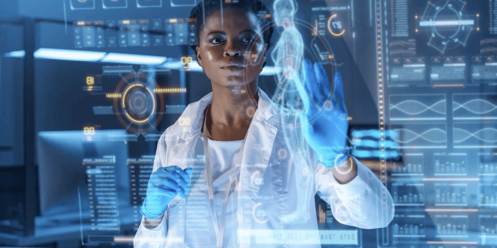 A clinician interacting with a holographic display of health data